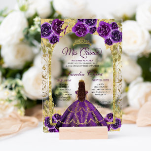 Invitations En Acrylique Princesse Fleurie Violette Or Couronne Quinceanera