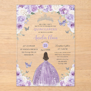 Invitations En Acrylique Princesse Florale Blanche Violette Quinceañera XV