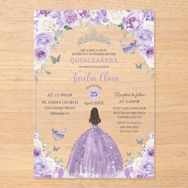 Invitations En Acrylique Princesse Florale Blanche Violette Quinceañera XV  (Recto)