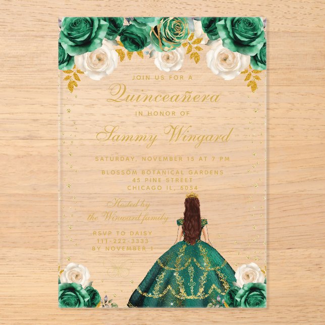 Invitations En Acrylique Princesse Florale Verte Quinceañera (Recto)