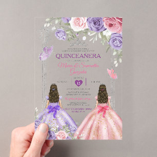Invitations En Acrylique Princesse Jumeaux Argent Violet Et Rose Quinceañer