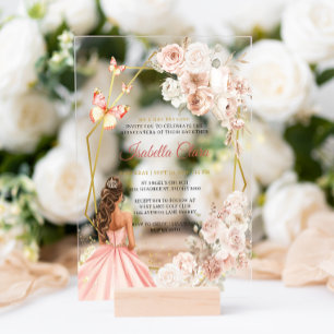 Invitations En Acrylique Princesse Quinceanera rose et or Florale