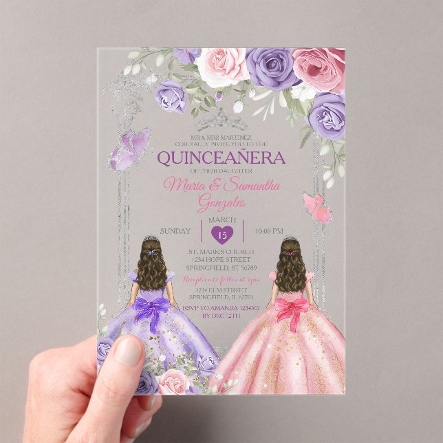 Invitations En Acrylique Princesse Twin Argent Violet Et Rose Quinceañera (In situ (ordinateur de poche))