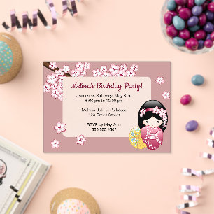 Invitations En Acrylique Printemps Kokeshi Rose Transparent Fenêtre Anniver