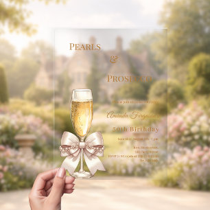 Invitations En Acrylique Prosecco Perles élégant ruban doré anniversaire cl