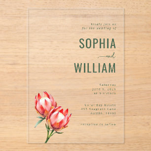 Invitations En Acrylique Protea Florale Verte Élégante