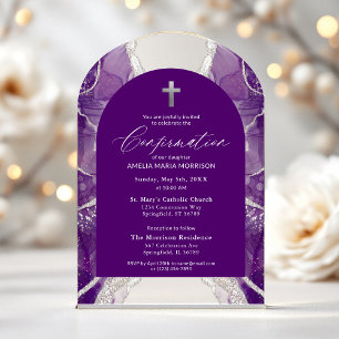 Invitations En Acrylique Purple Argent Agate Confirmation moderne