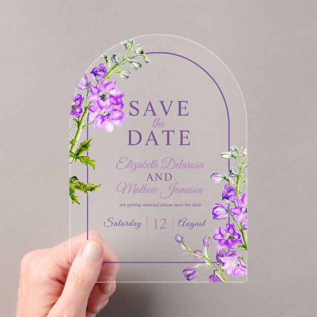 Invitations En Acrylique Purple delphinium botanical acrylic save the date (In situ (ordinateur de poche))