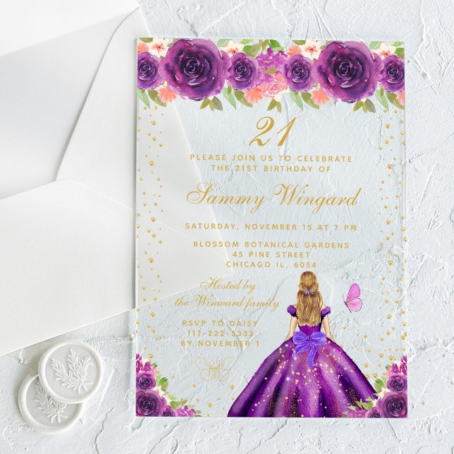 Invitations En Acrylique Purple Floral Blonde Cheveux Princess Anniversaire (Créateur téléchargé)