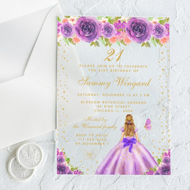 Invitations En Acrylique Purple Floral Blonde Cheveux Princess Anniversaire (Créateur téléchargé)