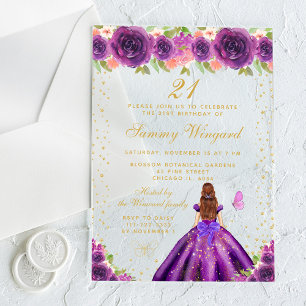 Invitations En Acrylique Purple Floral Brown Cheveux Princess Anniversaire