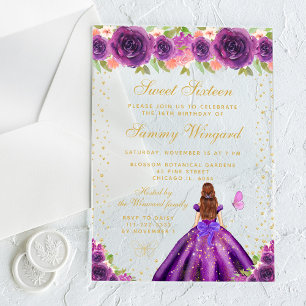 Invitations En Acrylique Purple Floral Brown cheveux Princess Sweet sixteen