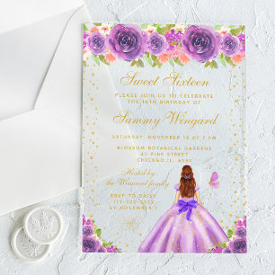 Invitations En Acrylique Purple Floral Brown cheveux Princess Sweet sixteen