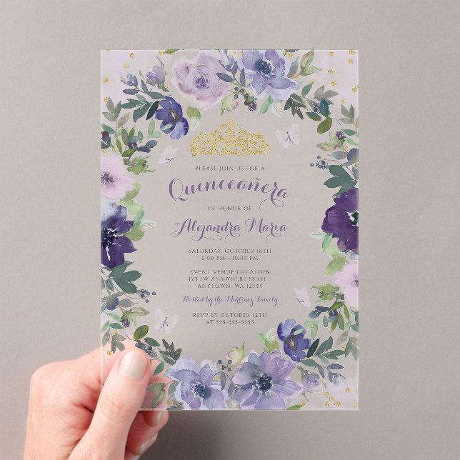 Invitations En Acrylique Purple Floral Butterfly Gold Tiara Quinceanera (In situ (ordinateur de poche))