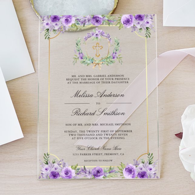 Invitations En Acrylique Purple Floral Gold Catholic Cross Wedding (Créateur téléchargé)