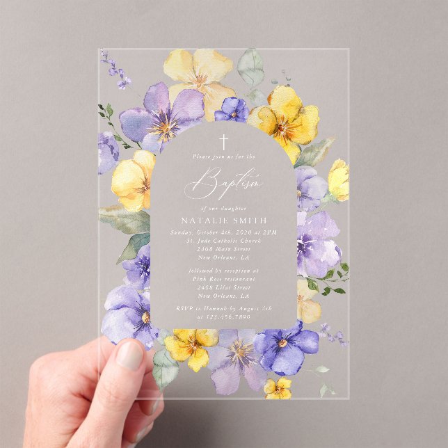 Invitations En Acrylique Purple Flowers, Yellow Flowers, Boho, Baptism (In situ (ordinateur de poche))