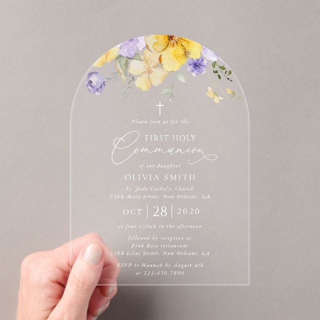 Invitations En Acrylique Purple Flowers, Yellow Flowers, First Communion (In situ (ordinateur de poche))