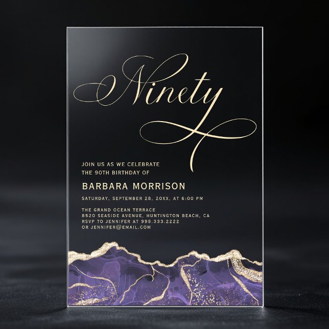 Invitations En Acrylique Purple Gold Agate 90ème Soixante-Dix Anniversaire (Créateur téléchargé)