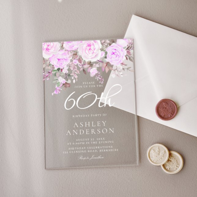 Invitations En Acrylique Purple Lavender Floral Womans 60e fête d'anniversa (Créateur téléchargé)