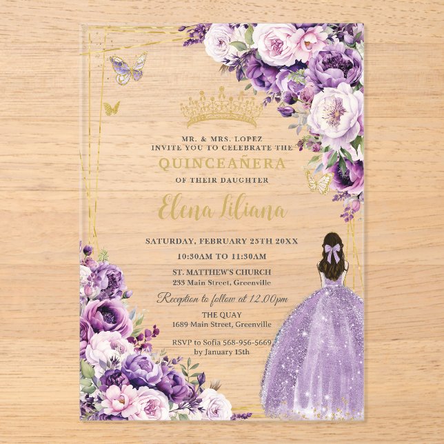 Invitations En Acrylique Purple Lilac Blush Floral Quinceanera 15 Sweet 16 (Recto)