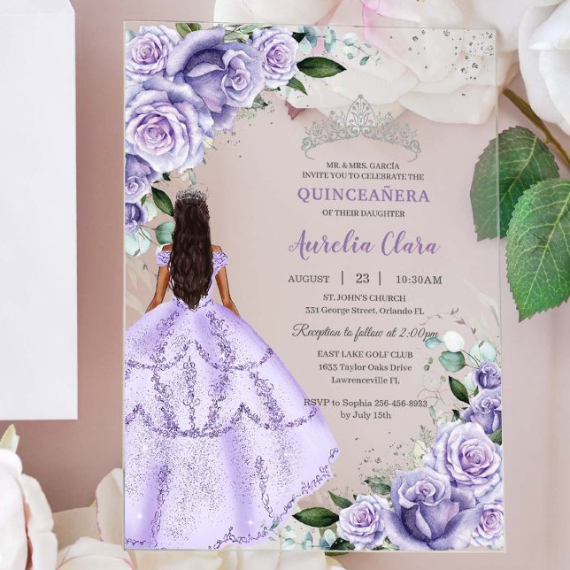 Invitations En Acrylique Purple Lilac Floral Argent Quinceañera XV Sucré 16 (Créateur téléchargé)