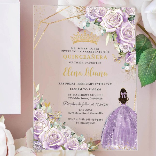 Invitations En Acrylique Purple Lilac Floral Princess Gold Quinceanera 15 (Créateur téléchargé)