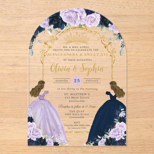 Invitations En Acrylique Purple Lilac Navy Blue Floral Twins Quinceañera XV (Recto)