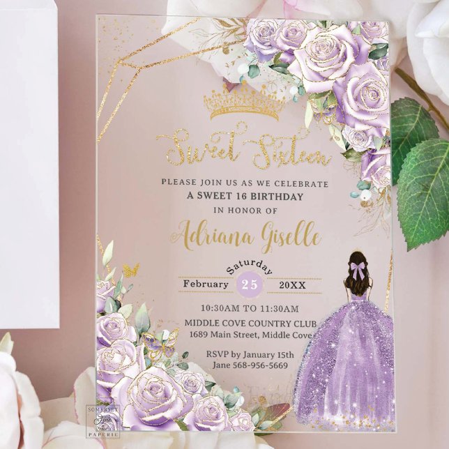 Invitations En Acrylique Purple Lilac Roses Floral Princess Sweet sixteen (Créateur téléchargé)