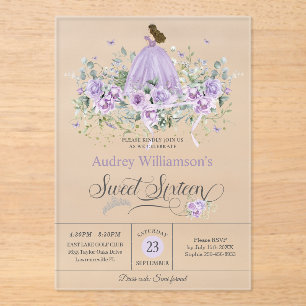Invitations En Acrylique Purple Lilac Sweet sixteen Floral 16e anniversaire