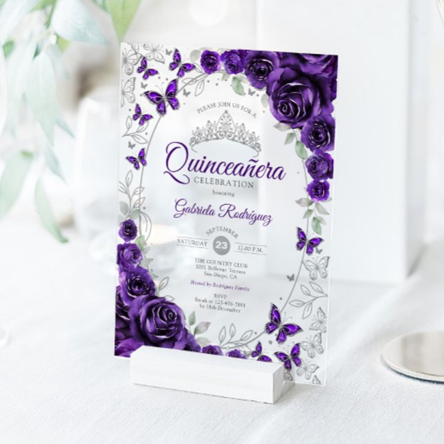 Invitations En Acrylique Purple Silver Floral Quinceanera (Créateur téléchargé)