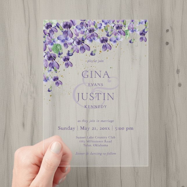 Invitations En Acrylique Purple Watercolor Violets Wedding (Créateur téléchargé)