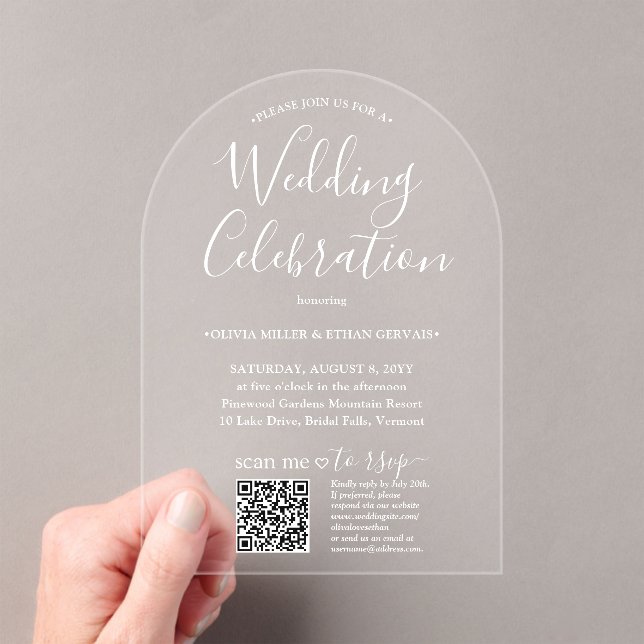 Invitations En Acrylique QR RSVP Script Simple Mariage Célébration Arquée (In situ (ordinateur de poche))