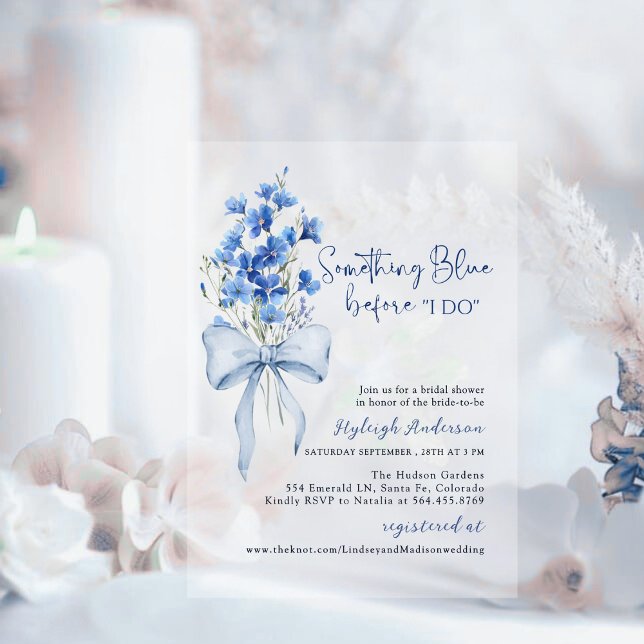Invitations En Acrylique Quelque chose de Fête des mariées bleue | Ruban fl (Créateur téléchargé)