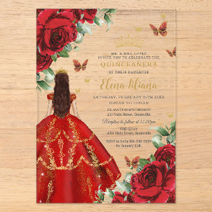 Invitations En Acrylique Quinceañera 15 Douce 16 Roses Rouges Fleurs Floral