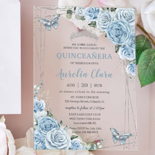 Invitations En Acrylique Quinceañera 16 Baby Blue Floral Papillons Argent