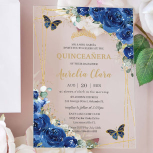 Invitations En Acrylique Quinceañera 16 Bleu Royal Floral Papillons Dorés