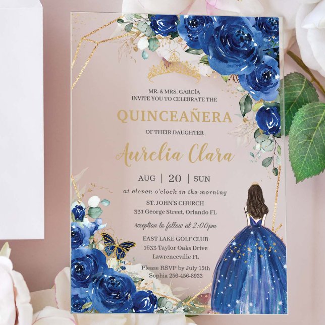 Invitations En Acrylique Quinceañera 16 Royal Blue Floral Gold Butterflies (Créateur téléchargé)