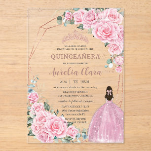 Invitations En Acrylique Quinceanera 16ème Rose Florale Princesse Or Rose