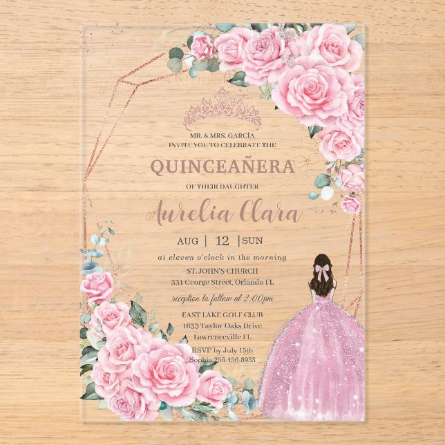 Invitations En Acrylique Quinceanera 16th Pink Floral Princess Rose Gold (Recto)