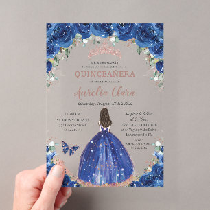 Invitations En Acrylique Quinceañera Anniversaire Royal Bleu Floral Princes