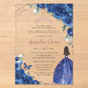 Invitations En Acrylique Quinceañera Anniversaire Royal Bleu Floral Princes