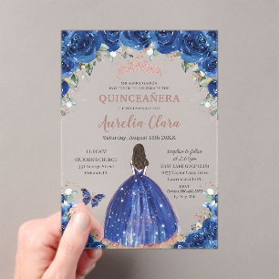 Invitations En Acrylique Quinceañera Anniversaire Royal Blue Floral Princes