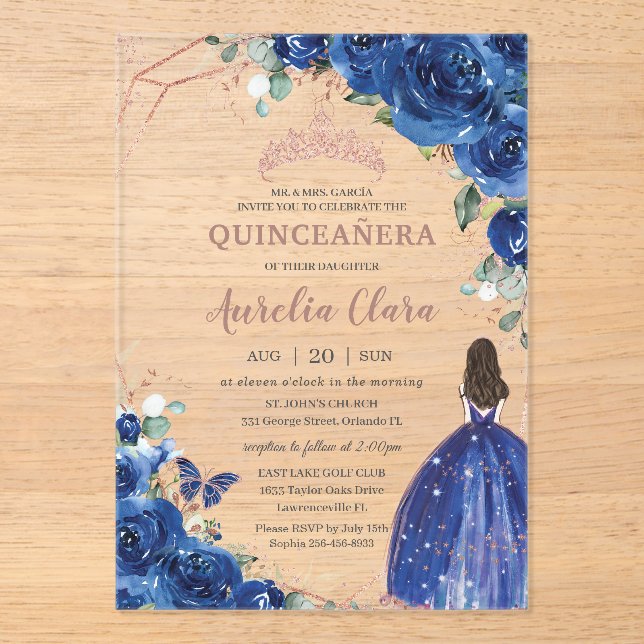 Invitations En Acrylique Quinceañera Anniversaire Royal Blue Floral Princes (Recto)