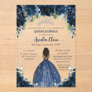 Invitations En Acrylique Quinceanera Bleu Marine Floral Argent Marron Princ