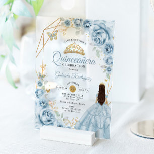 Invitations En Acrylique Quinceanera Bleu Robe Bleu Bleu Or Floral