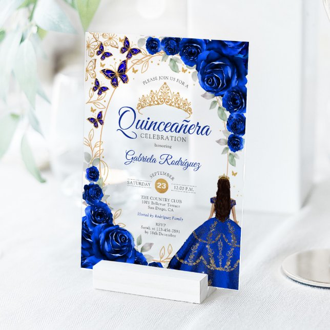 Invitations En Acrylique Quinceanera Bleu Royal Or Fleurs (Créateur téléchargé)