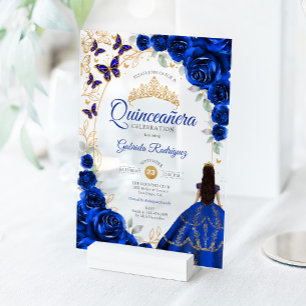 Invitations En Acrylique Quinceanera Bleu Royal Or Floral