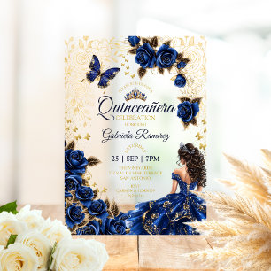 Invitations En Acrylique Quinceañera bleu royal Roses couronne dorée 