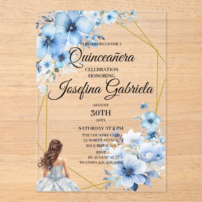 Invitations En Acrylique Quinceanera blue floral (Recto)