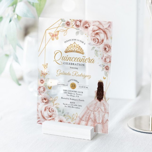 Invitations En Acrylique Quinceanera Blush Pink Gold Floral Dress (Créateur téléchargé)